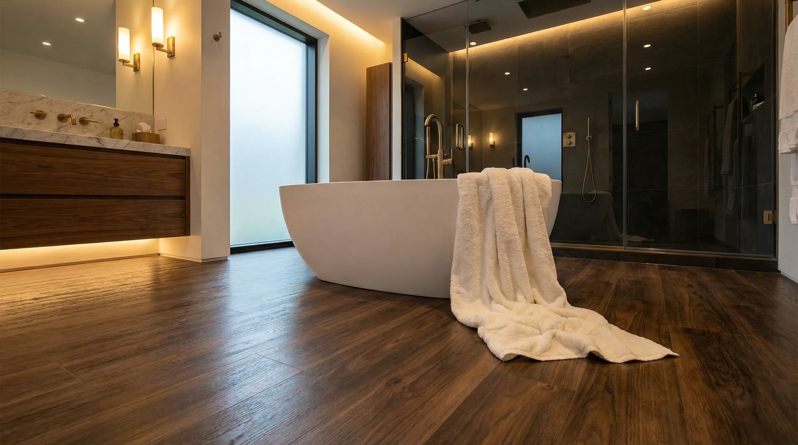 Modern bathroom after Full Bathroom Remodel featuring freestanding tub, wood-look floor and glass shower enclosure
