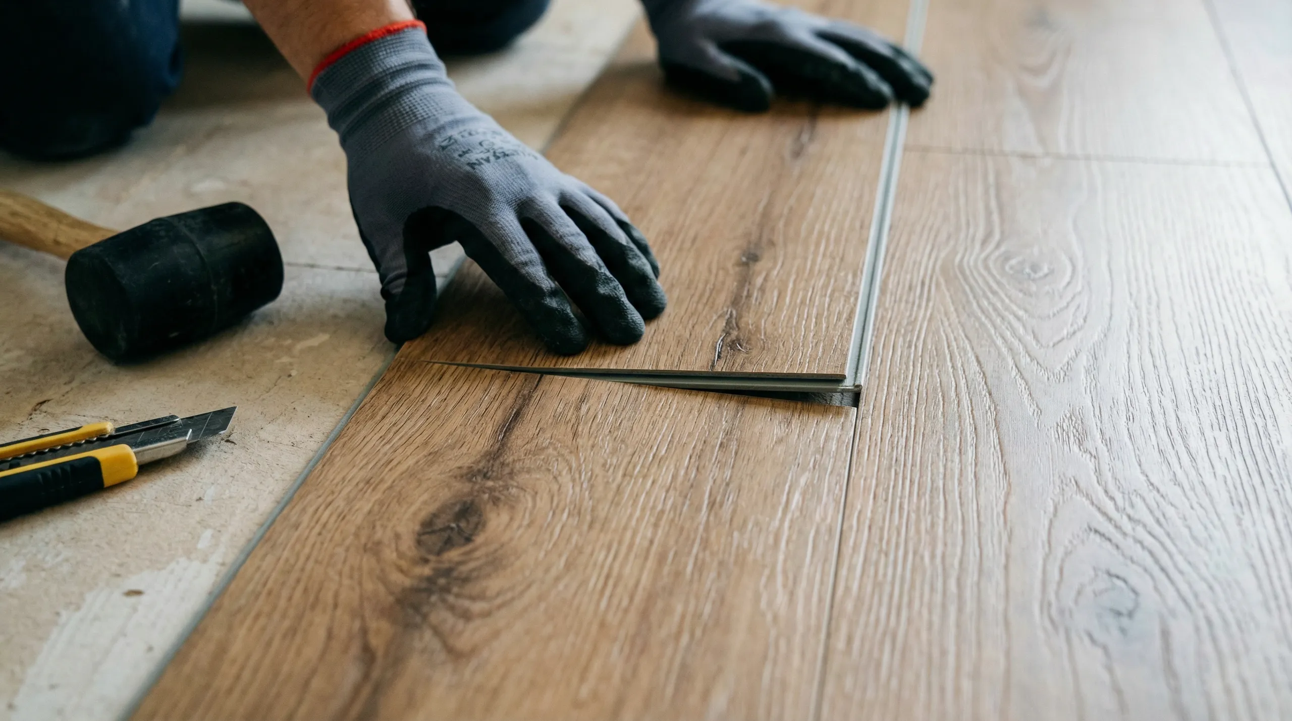 Floor Installation: gloved hands fitting wood-look plank flooring with a rubber mallet and utility knife