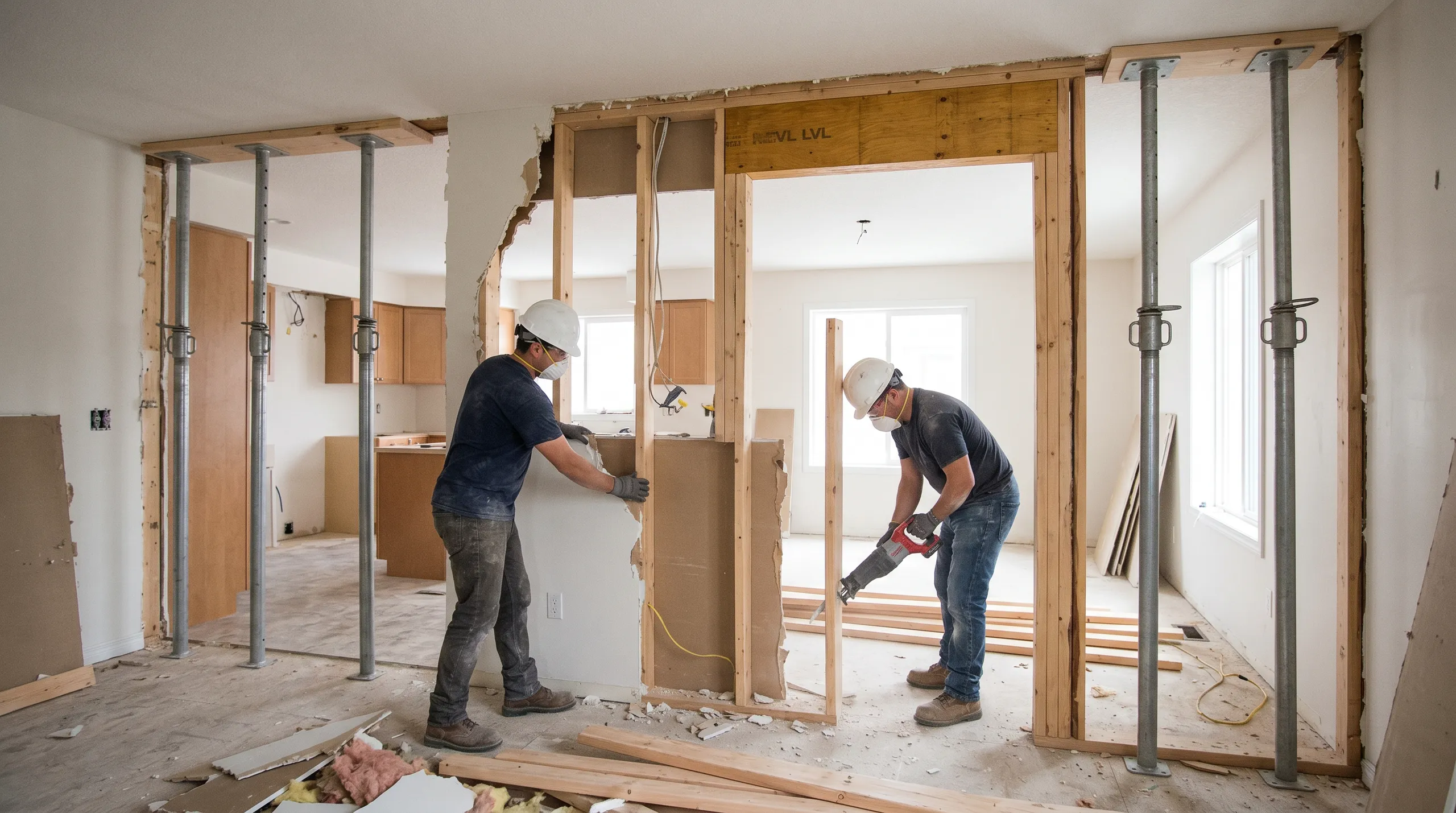 Two construction workers removing drywall and studs in home interior during Load Bearing Wall Removal