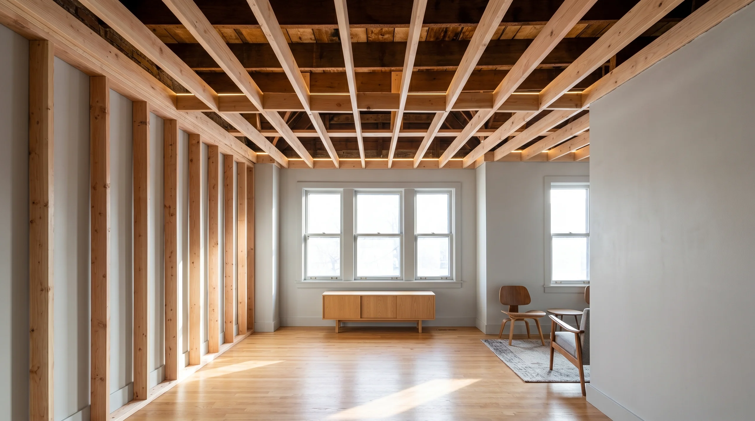 Exposed ceiling and wall studs during structural framing with new hardwood flooring and seating area
