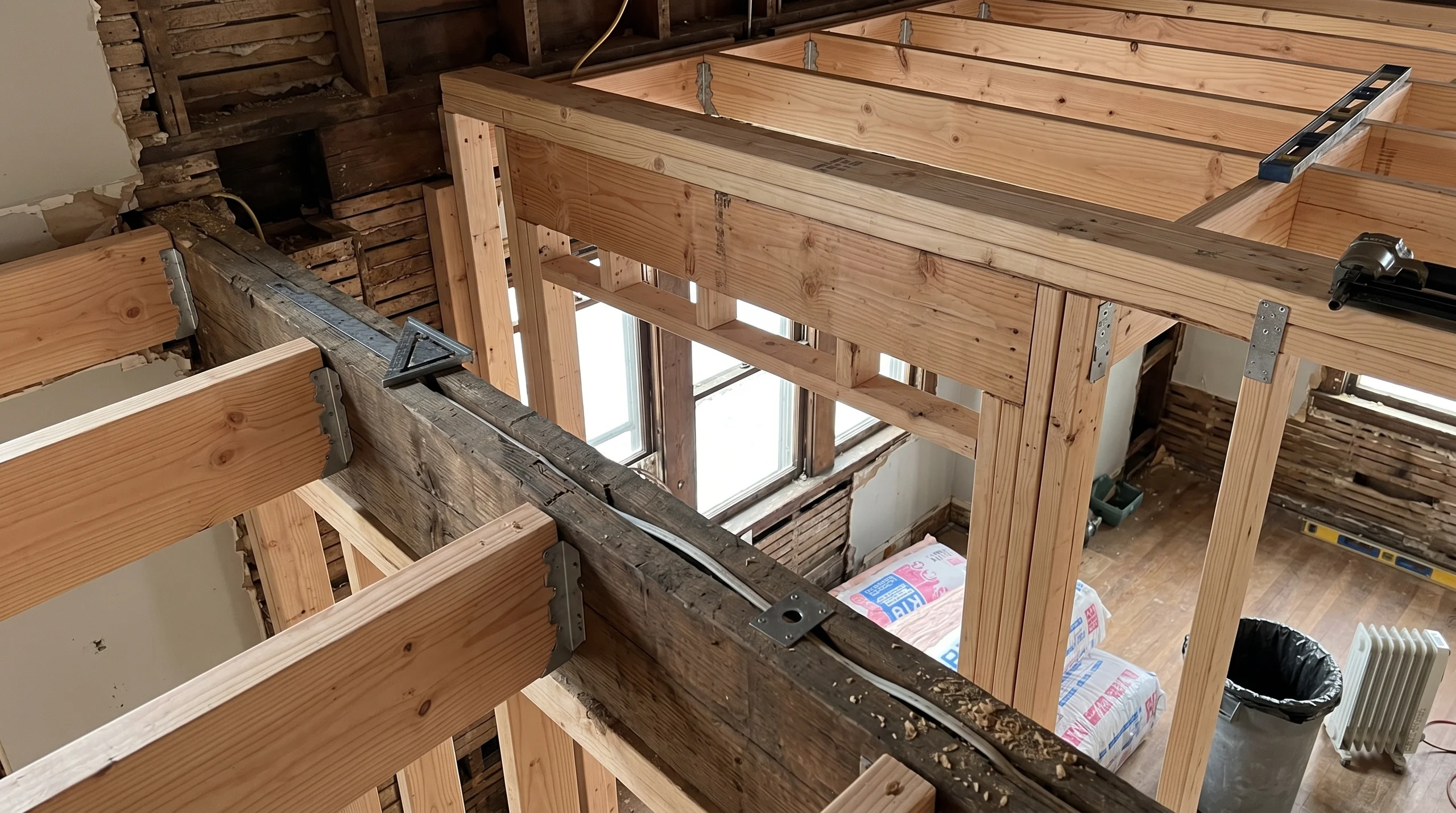 Structural framing: new floor joists attached with metal hangers to reinforced central beam in home renovation
