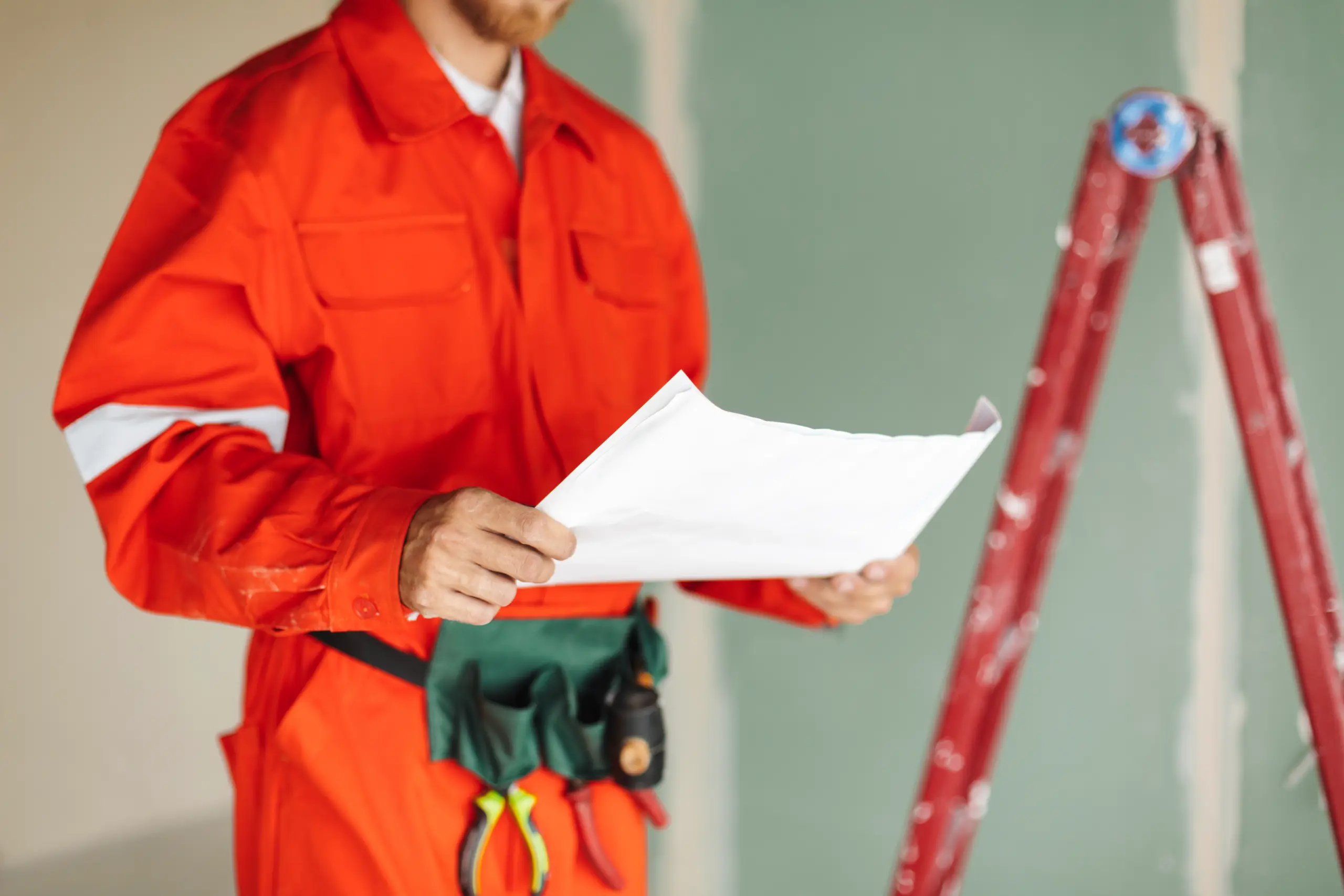 Construction worker in orange overalls holding renovation plans for structural assessments inside an unfinished room with ladder