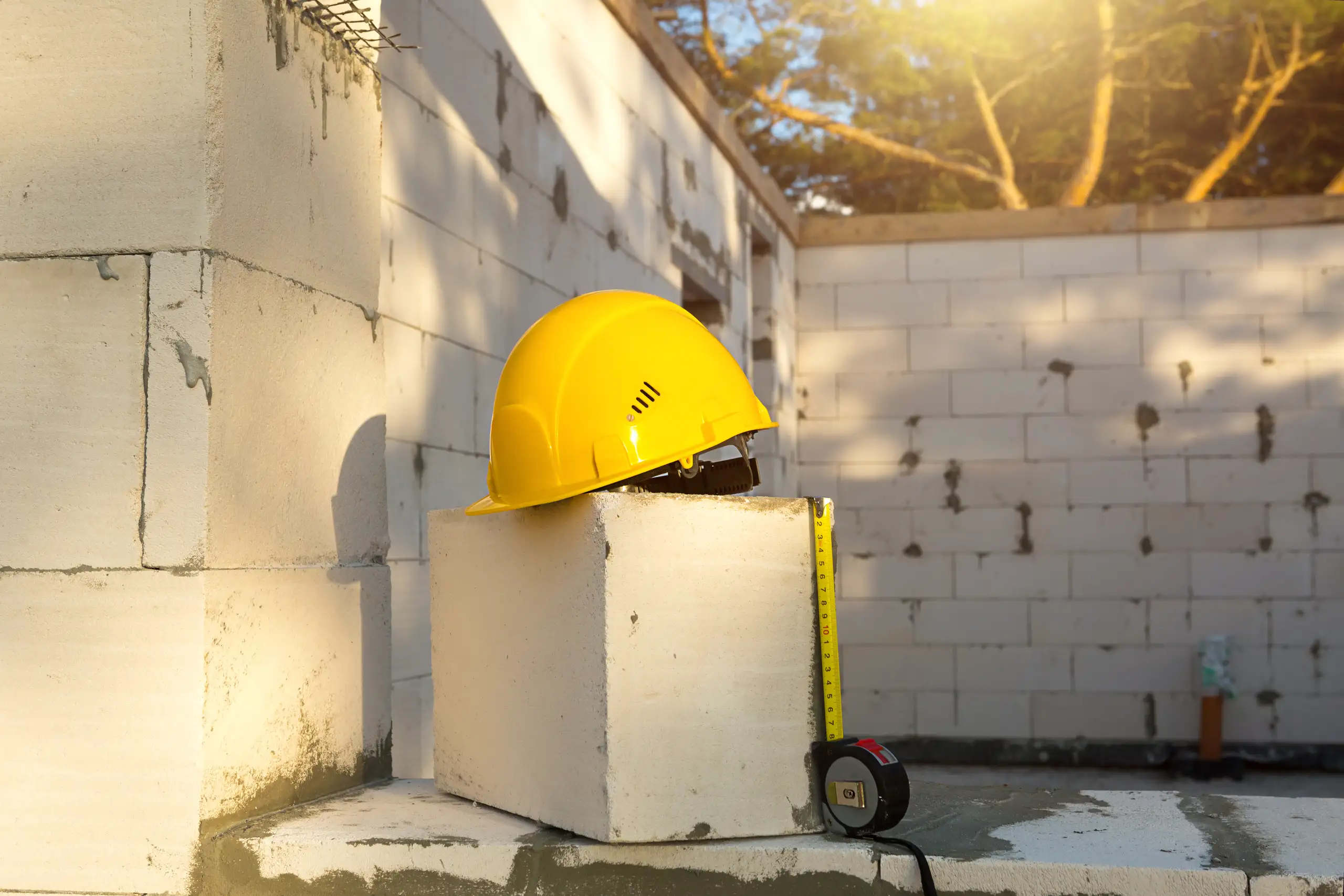 Yellow safety helmet and tape measure resting on aerated concrete block wall during home renovation