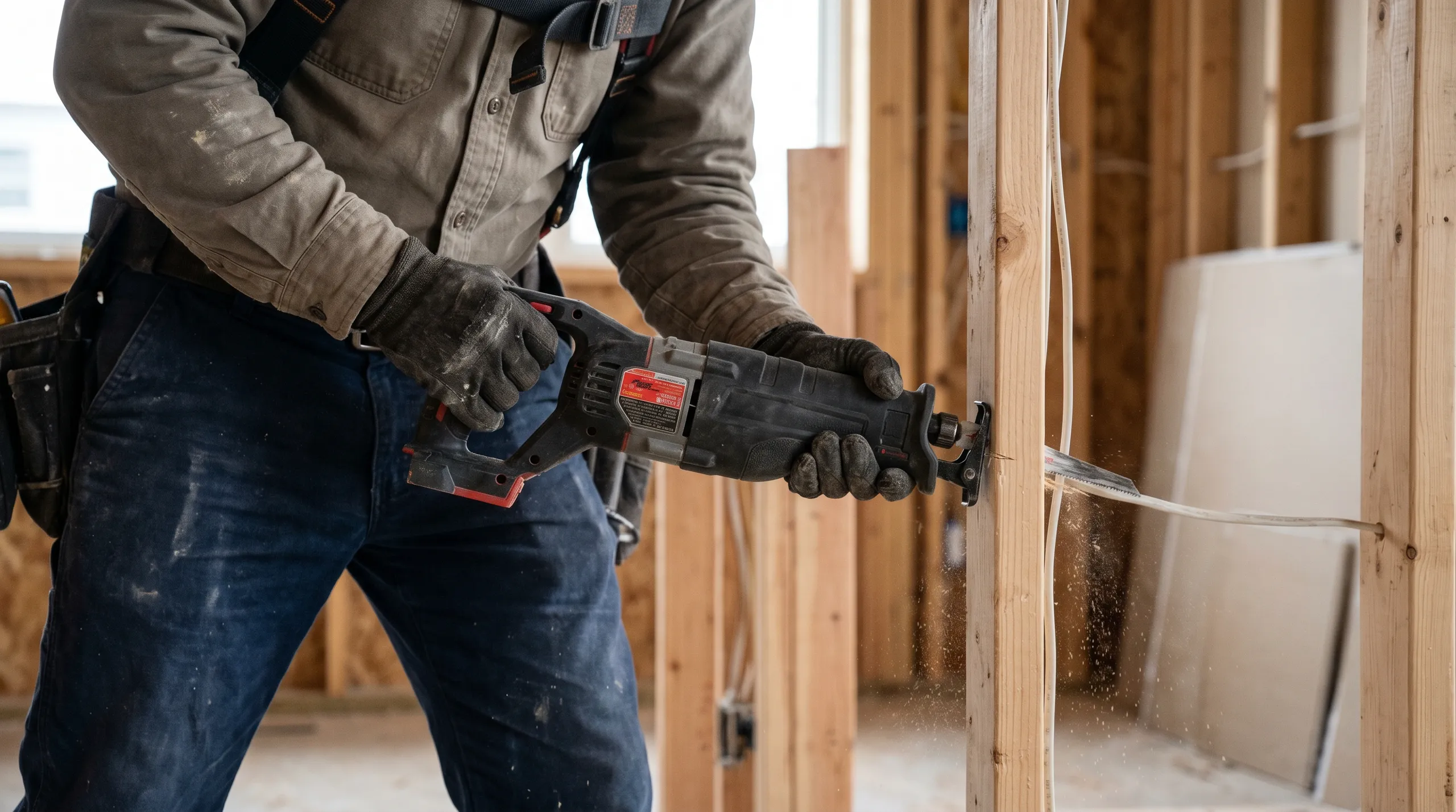 Worker using reciprocating saw to remove interior wall studs, Wall Removal