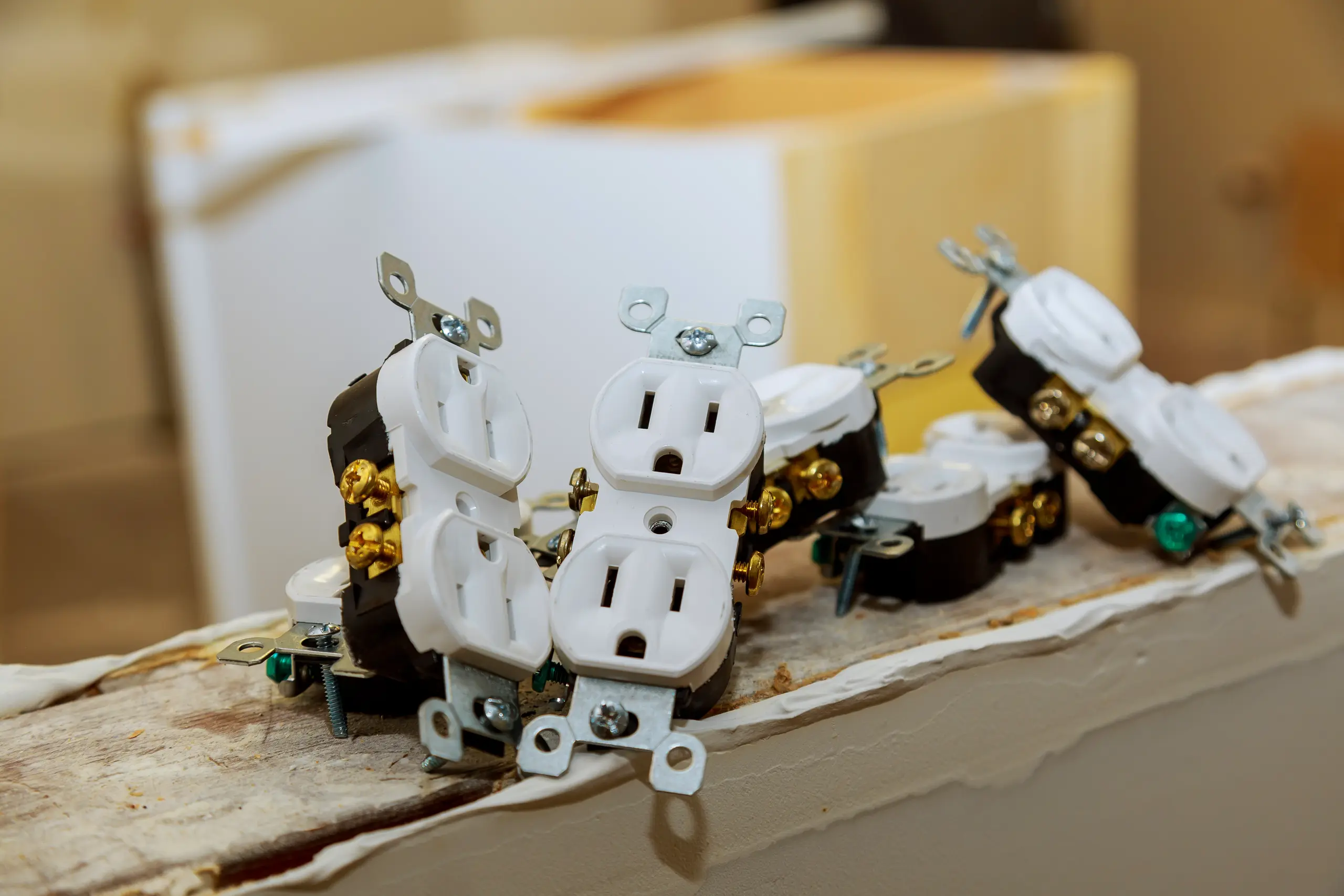 Multiple white duplex outlets staged on a wooden beam during Electrical work