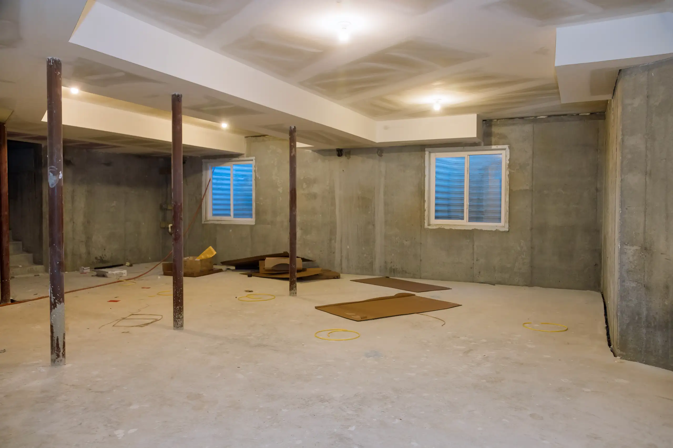 Unfinished basement space with concrete walls, support columns and work-in-progress for Basement Finishing