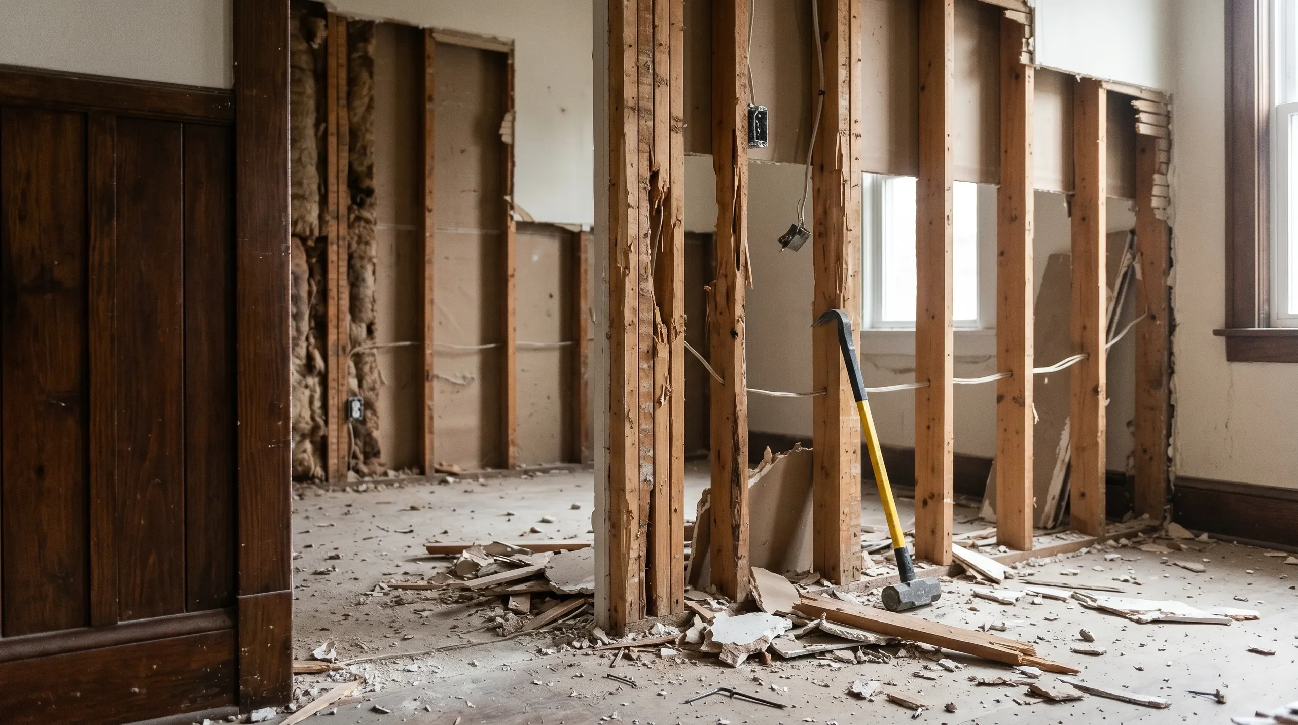 Sledgehammer and exposed wood studs amidst debris during Wall Removal in home renovation